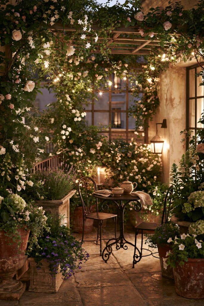 Secret garden balcony with wrought iron bistro set, climbing roses, pergola, string lights, terracotta planters, and European garden decor.