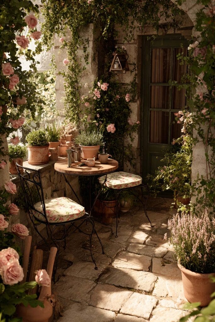 Small cottagecore apartment balcony featuring a vintage bistro table and floral chairs, climbing pink roses, lavender, terracotta pots, and lush wildflowers creating a charming garden-inspired outdoor retreat.