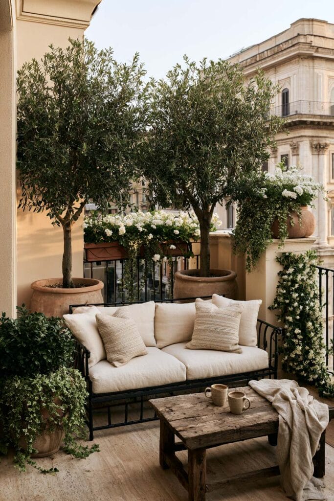 Beautiful European balcony with olive trees, layered greenery, flower boxes, cascading vines, cream outdoor sofa, rustic wood coffee table, and classic European balcony decor.