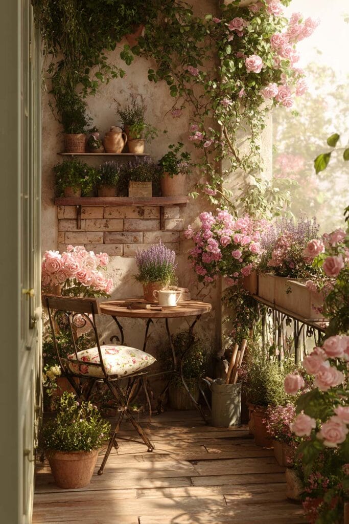 A romantic cottagecore balcony with climbing pink roses, blooming wildflowers, lavender, terracotta pots, a vintage bistro table, and cozy seating creating a charming flower-filled outdoor retreat.