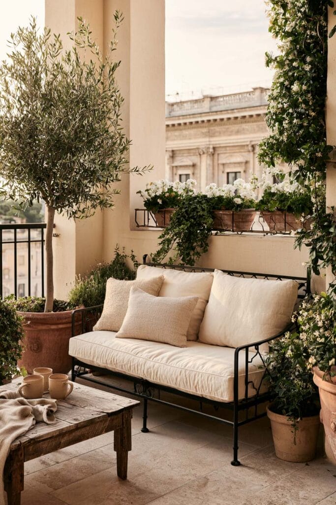 Cozy European balcony with olive tree, layered greenery, flowering window boxes, wrought iron outdoor sofa, rustic wood coffee table, and hidden European courtyard style.