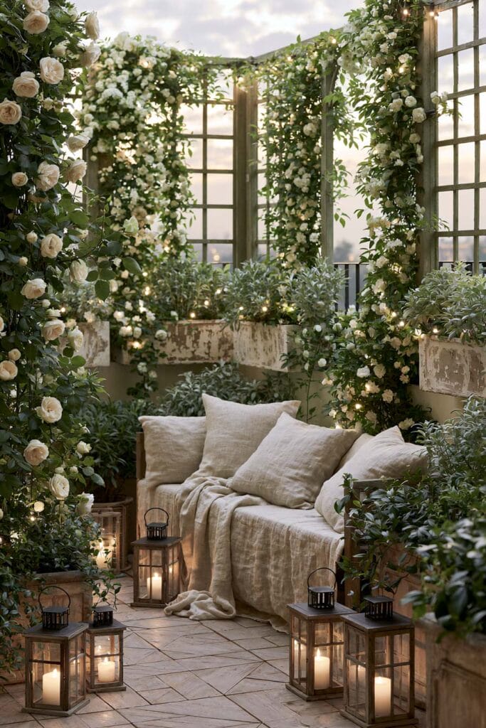 Hidden secret garden moon garden balcony with white climbing roses, soft linen sofa, glowing lanterns, lush greenery, and a peaceful European-inspired outdoor retreat.