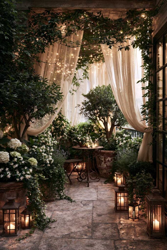 Lush balcony garden with flowing linen curtains, climbing vines, fairy lights, olive tree, white flowers, glowing lanterns, and layered greenery creating a secret outdoor retreat.