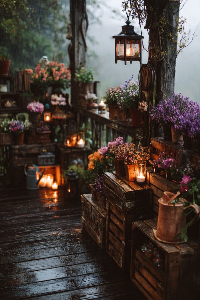 A rainy cottagecore balcony featuring vintage wooden crates, glowing lanterns, colorful potted flowers, candlelight, a rustic watering can, and weathered wood decking creating a cozy outdoor retreat.