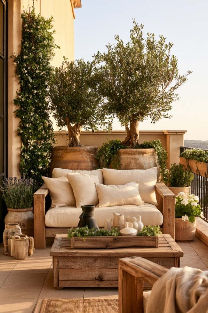 Romantic European balcony with oversized olive trees, layered greenery, terracotta planters, rustic wood furniture, climbing vines, and a cozy cream outdoor sofa creating a private Mediterranean-inspired retreat.