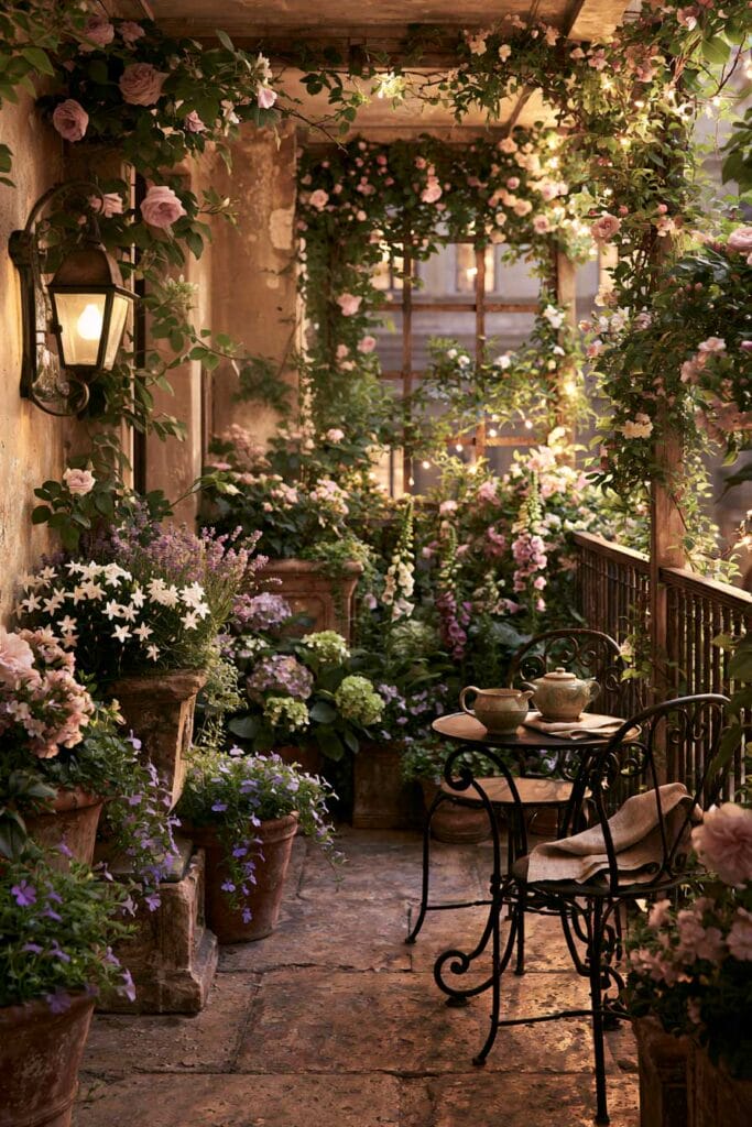 Secret garden balcony with climbing roses, jasmine, hydrangeas, wrought iron bistro set, terracotta planters, and European garden decor.