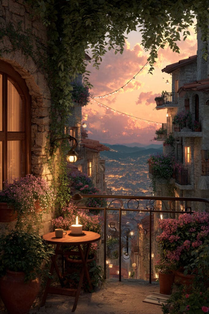 Small cottagecore apartment balcony with lush climbing vines, pink flowering plants, terracotta pots, a cozy café table, warm lantern lighting, and a breathtaking sunset view over a charming village.