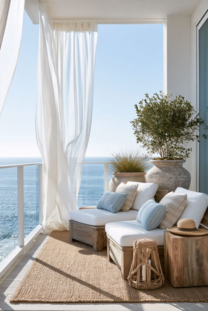 Beautiful European balcony with flowing white linen curtains, ocean view, Mediterranean outdoor lounge furniture, olive tree, natural wood decor, and luxury coastal styling.