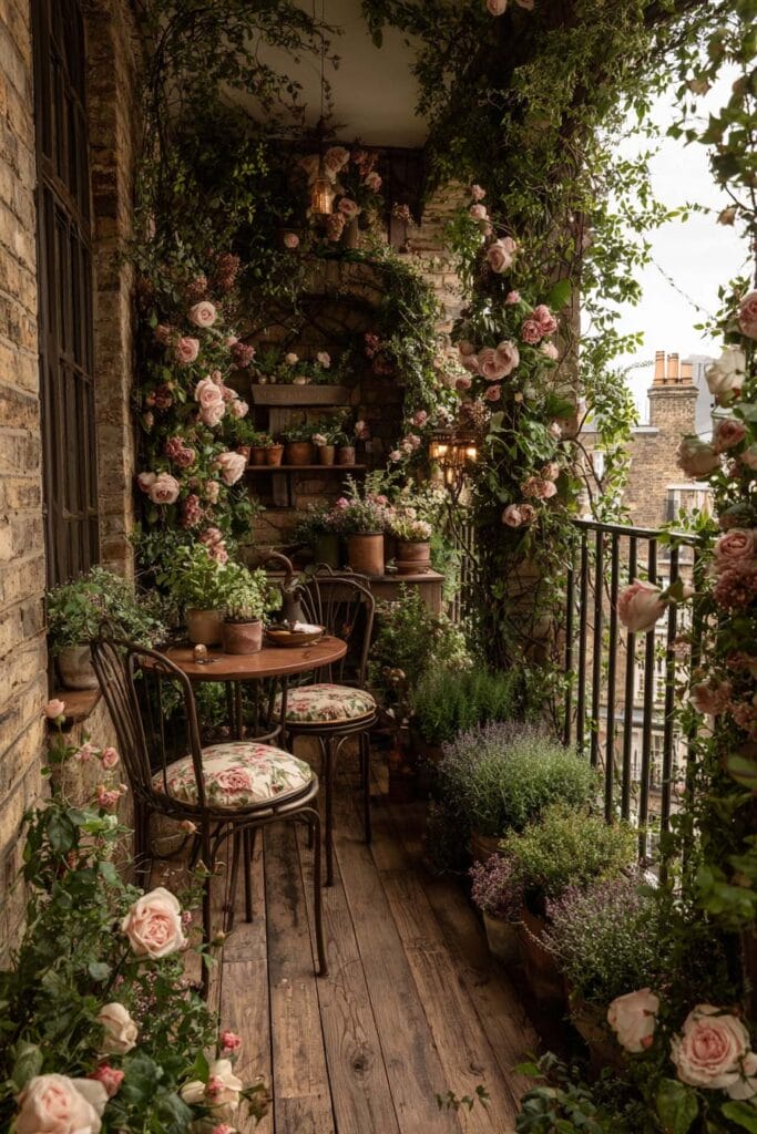 A romantic cottagecore balcony with climbing pink roses, wildflowers, lavender, terracotta pots, a vintage bistro table and chairs, and lush greenery creating a charming flower-filled outdoor retreat.