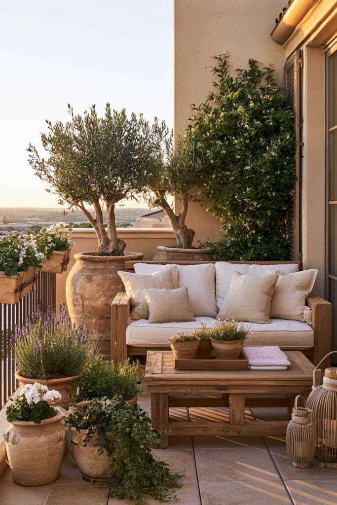 Cozy European balcony with olive trees, terracotta planters, lavender, layered greenery, wooden outdoor sofa, and rustic coffee table in a Mediterranean-inspired setting.