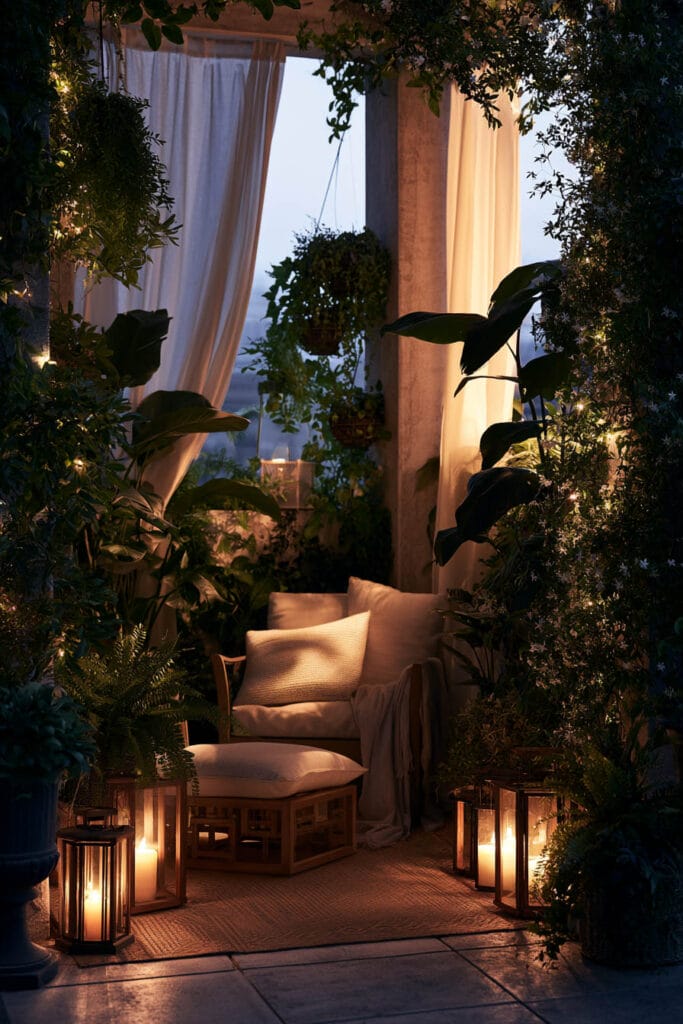 Hidden secret garden balcony with flowing linen curtains, glowing lanterns, climbing vines, lush greenery, cozy lounge chair, and warm evening lighting creating a private European-inspired retreat.