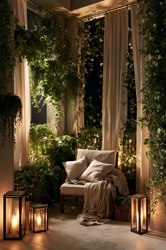 Lush balcony garden at night with flowing linen curtains, climbing jasmine, hanging plants, glowing lanterns, cozy lounge chair, and layered greenery creating a secret outdoor retreat.