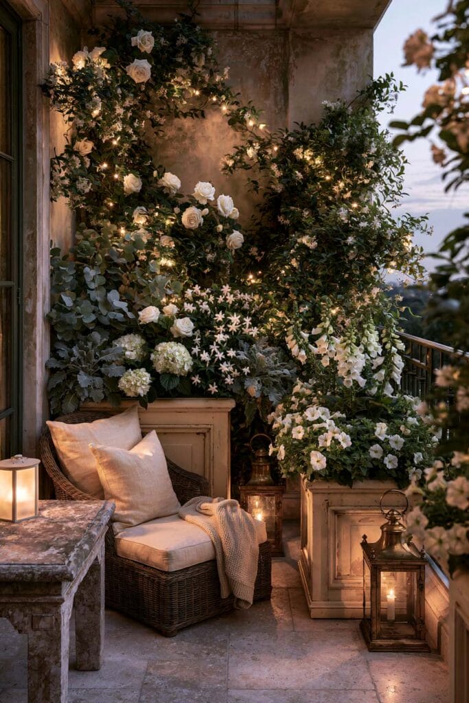 Moon garden secret balcony with white roses, jasmine, hydrangeas, wicker chair, lanterns, and magical European balcony decor.
