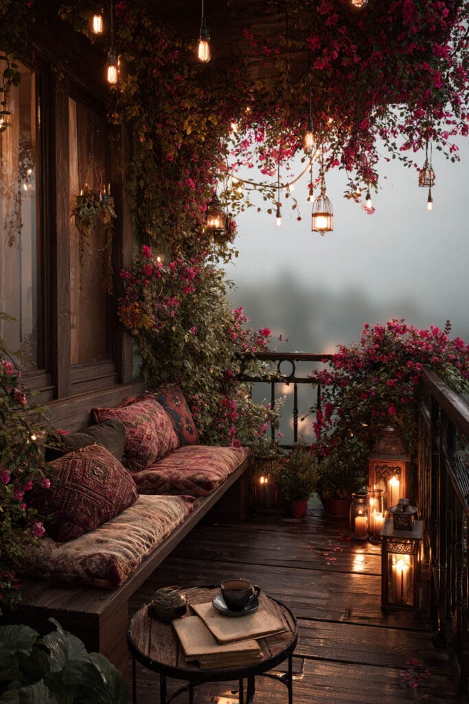 A romantic cottagecore balcony with flowering vines, warm hanging lights, glowing lanterns, cozy bench seating, vintage lanterns, candles, and a rainy evening view creating a magical outdoor retreat.