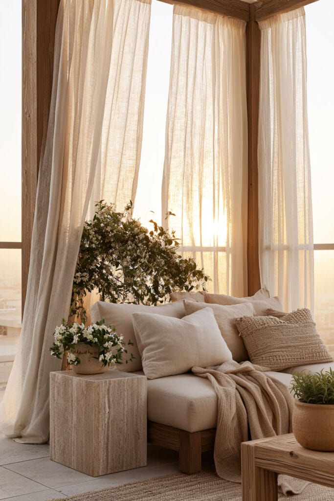 Romantic European balcony with flowing linen curtains, cozy outdoor sofa, warm wood furniture, soft neutral decor, and golden sunset light creating a resort-style outdoor retreat.