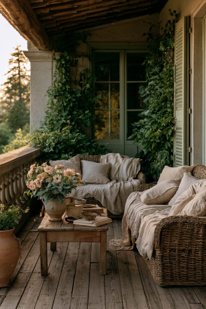 Small cottagecore apartment balcony with wicker lounge seating, soft linen cushions, weathered wood flooring, neutral textiles, climbing greenery, and natural wood furniture creating a calm outdoor retreat.