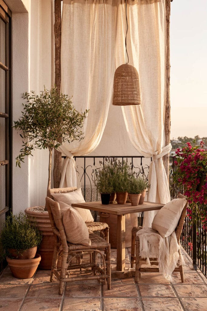 Beautiful European balcony with flowing linen curtains, woven dining chairs, rustic wood table, olive tree, terracotta planters, bougainvillea, and Mediterranean-inspired outdoor decor.