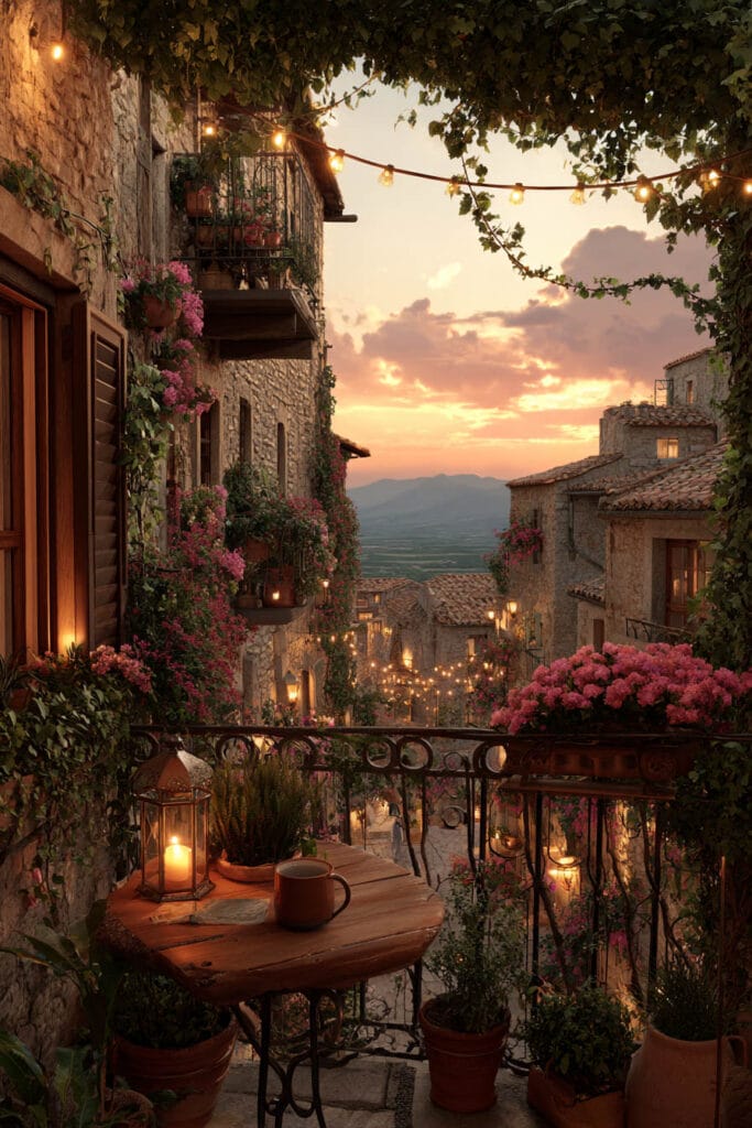 A romantic cottagecore balcony with climbing vines, pink flowers, glowing string lights, a rustic bistro table, lantern candlelight, and a beautiful European village view at sunset.