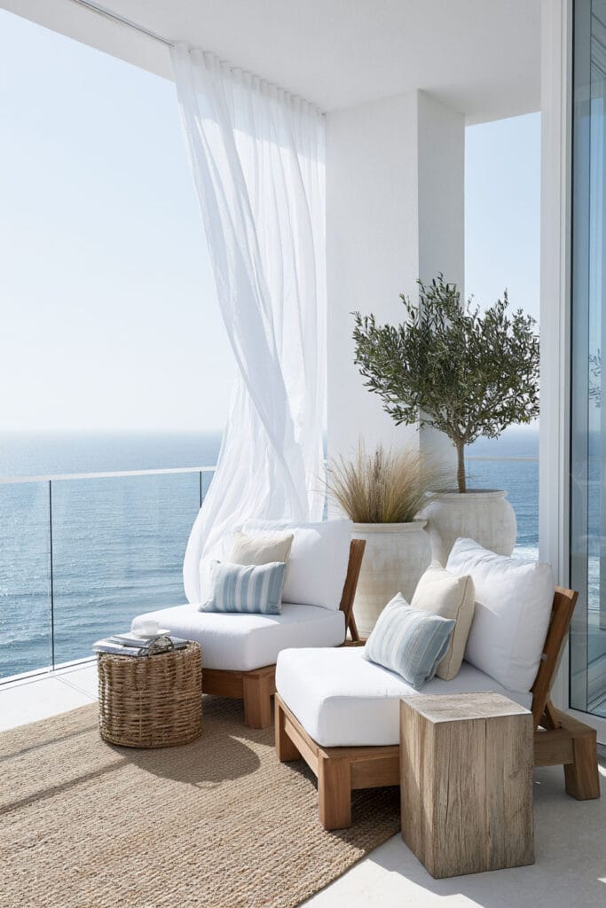 Cozy European balcony with flowing white linen curtains, wooden lounge chairs, olive tree, ocean view, and resort-inspired Mediterranean outdoor decor.