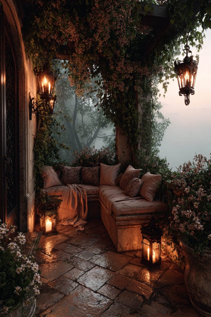A cozy cottagecore balcony with built-in corner seating, warm lanterns, climbing greenery, blooming flowers, stone flooring, and a misty rainy view creating a peaceful outdoor retreat.