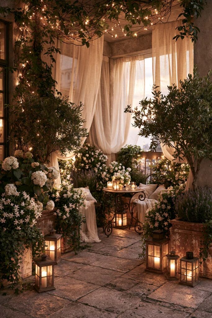 Hidden secret garden balcony with flowing linen curtains, glowing lanterns, flowering vines, olive trees, weathered planters, and a cozy European-inspired seating area at dusk.