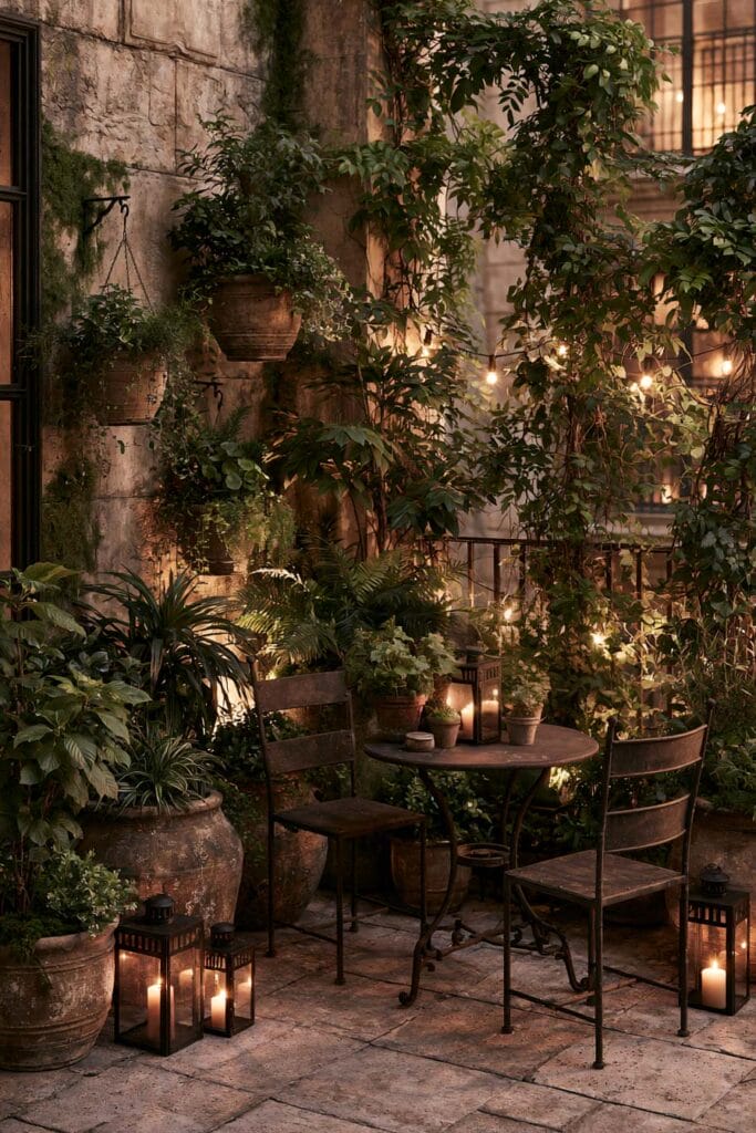 Lush balcony garden with weathered stone walls, mossy textures, climbing vines, terracotta planters, glowing lanterns, and a cozy bistro table creating a secret outdoor retreat.