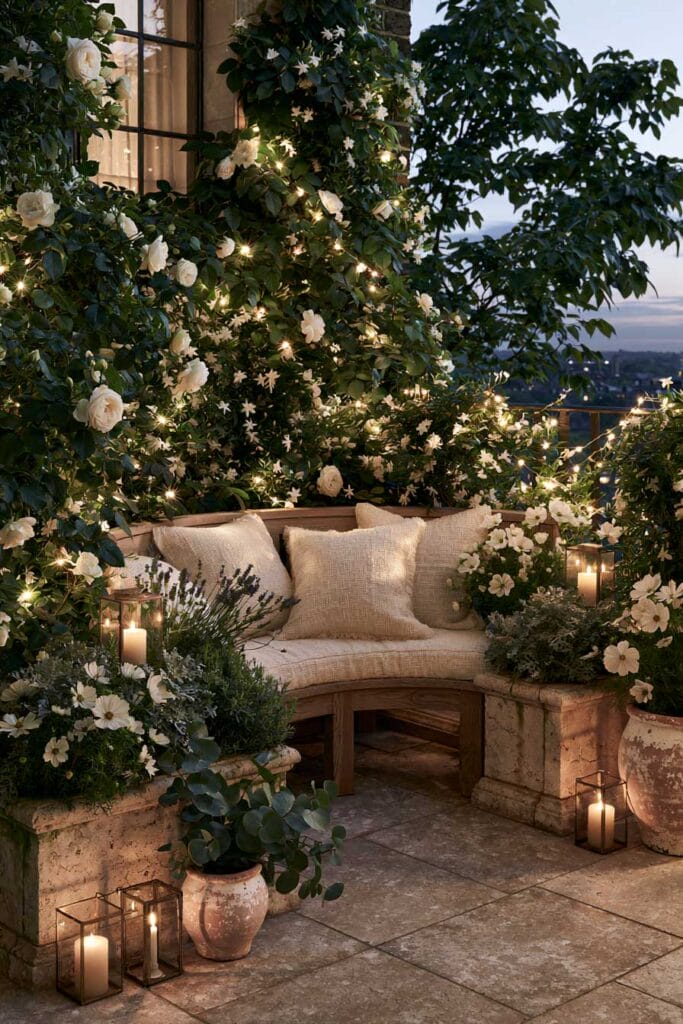 Moon garden secret balcony with curved bench, white roses, jasmine, lanterns, string lights, weathered planters, and cozy European balcony decor.