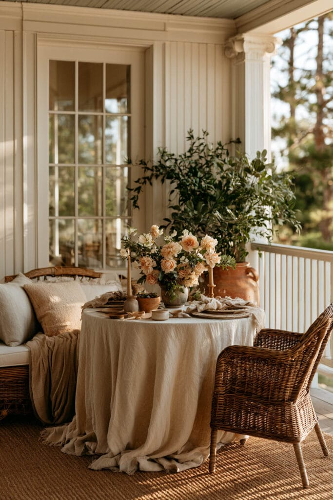 Small cottagecore apartment balcony with a round linen-covered dining table, wicker chairs, soft neutral textiles, fresh flowers, terracotta planter, and warm natural light creating a timeless outdoor dining space.