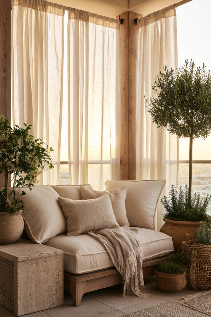 Romantic European balcony with flowing linen curtains, cozy outdoor sofa, olive tree, blooming jasmine, warm wood accents, and soft neutral decor creating a luxurious resort-style outdoor retreat.