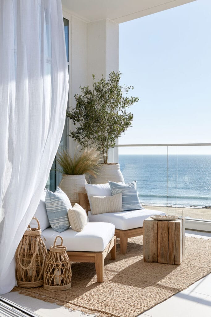 Beautiful European balcony with flowing linen curtains, ocean view, white outdoor lounge chairs, olive tree, natural wood furniture, woven lanterns, and Mediterranean coastal decor.