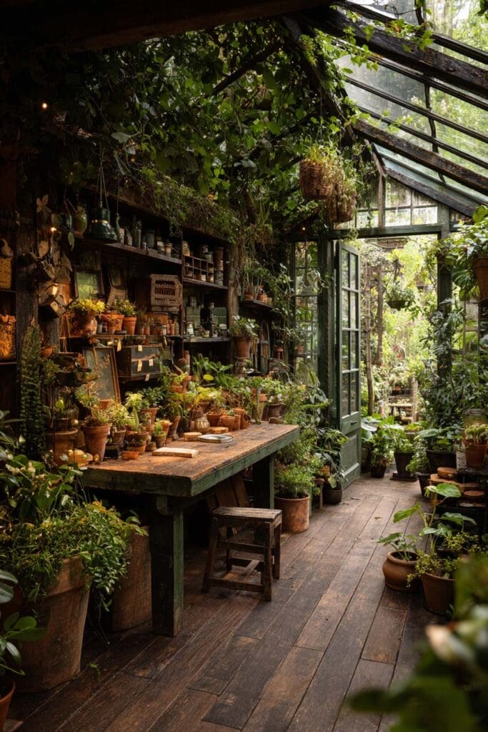 A charming cottagecore balcony designed like an old greenhouse with climbing vines, vintage potting tables, terracotta pots, hanging plants, weathered wood, and lush greenery creating a cozy garden workspace.