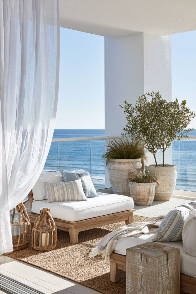 Cozy European balcony with flowing linen curtains, wooden lounge chairs, oversized planters, woven lanterns, and ocean views inspired by a Mediterranean resort.
