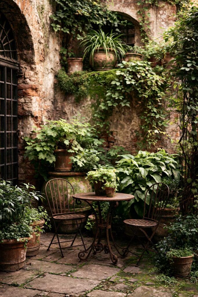 Hidden secret garden balcony with weathered stone walls, mossy textures, terracotta planters, lush greenery, and a wrought iron bistro set inspired by an old European courtyard.