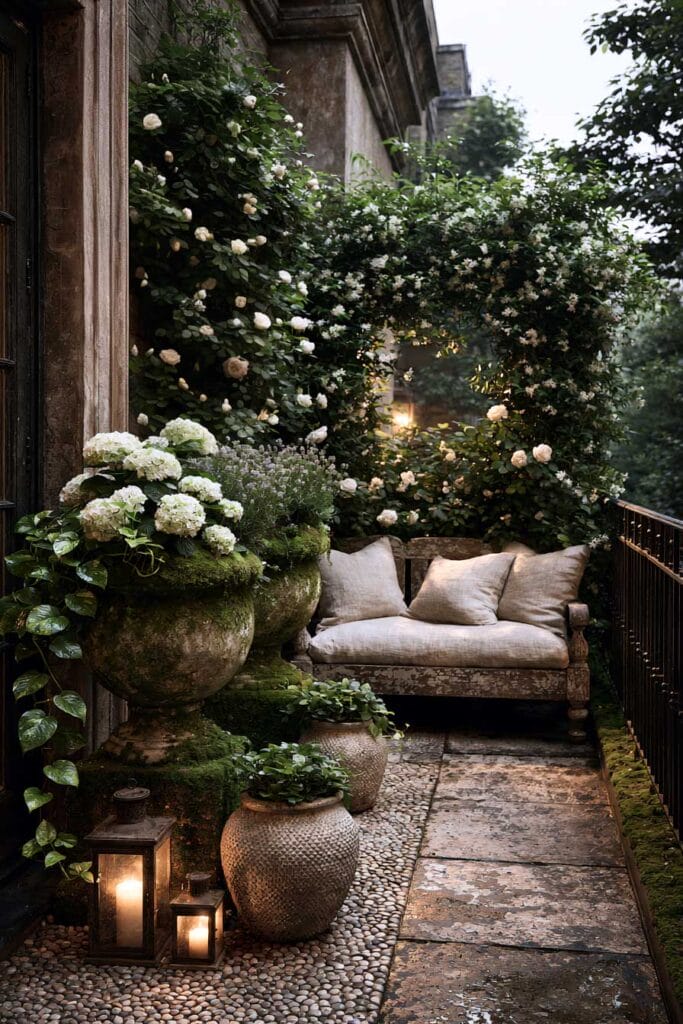 Lush balcony garden with mossy stone urns, white climbing roses, flowering vines, weathered stone flooring, lanterns, and a cozy daybed creating a secret outdoor retreat.
