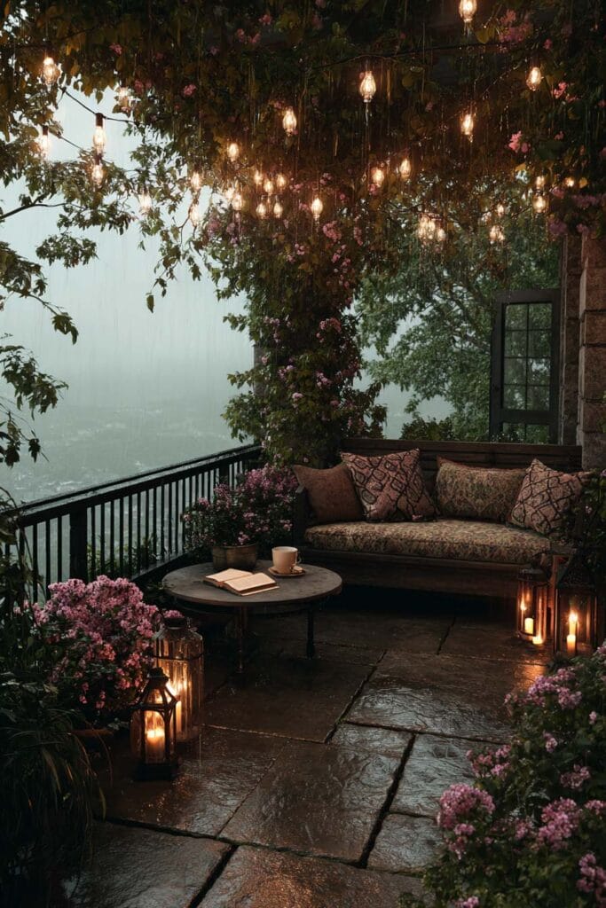 A romantic cottagecore balcony with warm string lights, glowing lanterns, flowering vines, cozy outdoor seating, stone flooring, and a rainy mountain view creating a magical evening retreat
