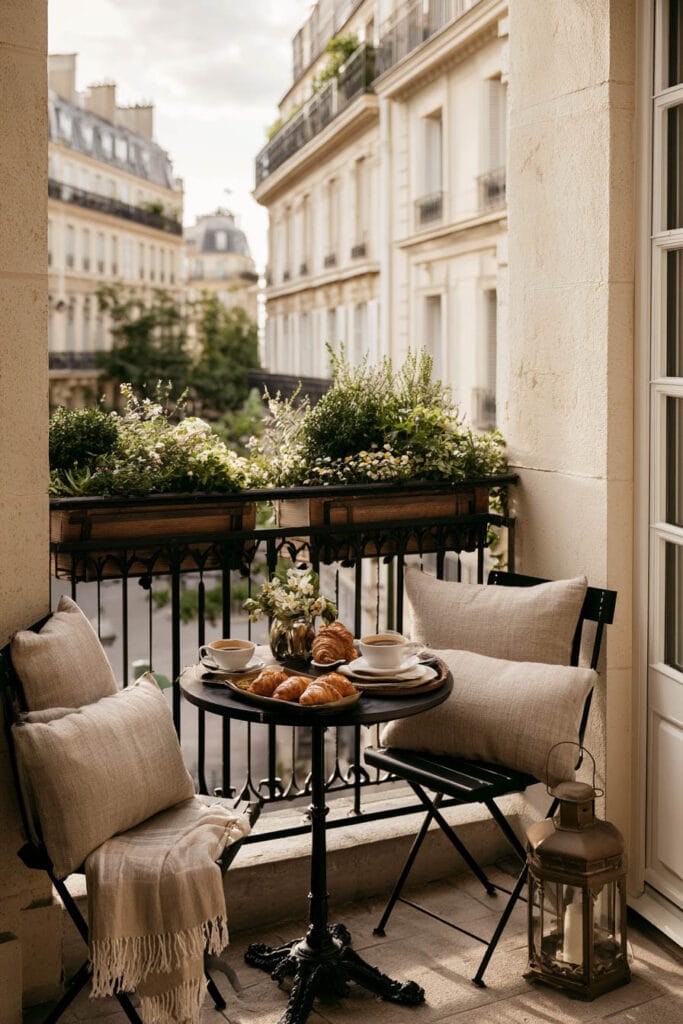 Romantic European balcony breakfast nook with a black wrought iron bistro table, fresh croissants, coffee, linen cushions, flower boxes, and classic Parisian architecture creating a cozy outdoor escape.