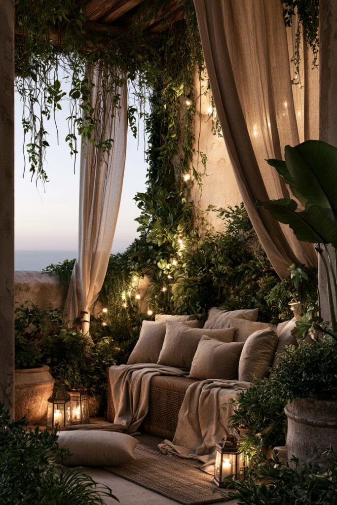 Secret garden balcony with flowing linen curtains, lanterns, string lights, lush greenery, and cozy European outdoor lounge.