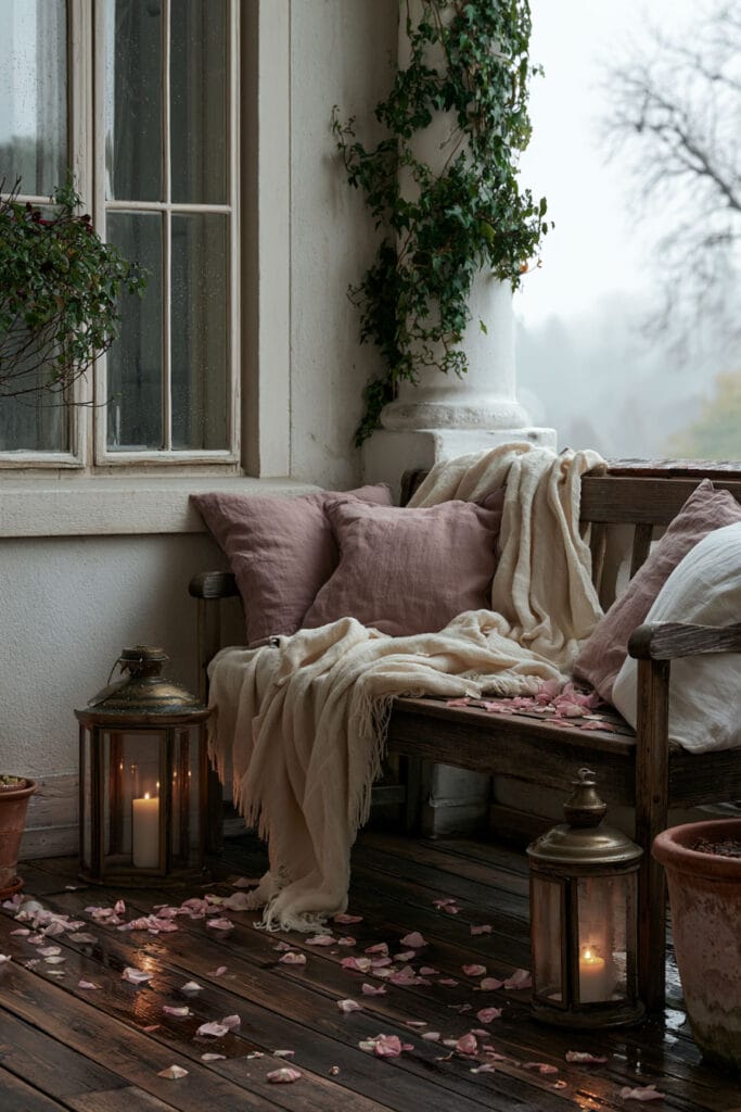 Small cottagecore apartment balcony with a weathered wooden bench, soft linen pillows and throw blanket, glowing lanterns, climbing ivy, rain-soaked wood flooring, and scattered rose petals creating a cozy outdoor retreat.
