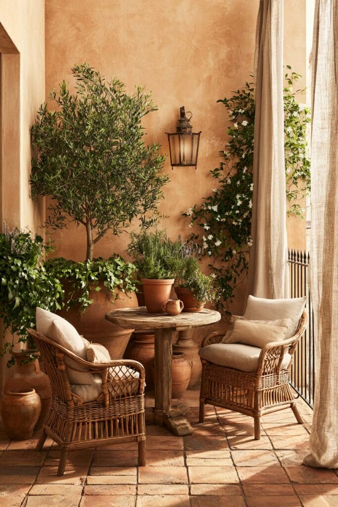 Beautiful European balcony with terracotta pots, olive tree, woven chairs, rustic wood table, linen curtains, climbing jasmine, and warm Italian courtyard decor.