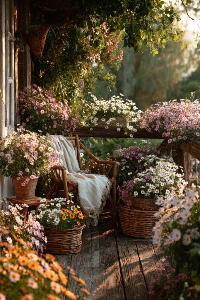 A charming cottagecore balcony decorated with overflowing white and pink daisies, wicker baskets, terracotta pots, a rustic wooden chair with a cozy throw, and lush greenery in warm afternoon sunlight.