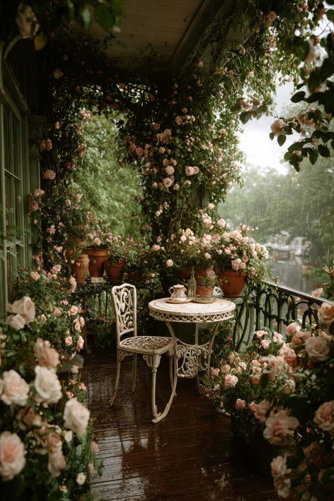 A romantic cottagecore balcony with climbing roses, vintage wrought iron bistro furniture, terracotta pots, lush flowering vines, and a rainy garden view creating a cozy vintage-inspired outdoor space.