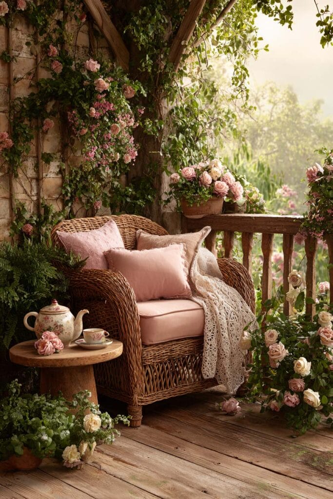 Small cottagecore apartment balcony with a vintage wicker armchair, soft blush cushions, floral teapot, climbing roses, and rustic wood flooring creating a cozy outdoor reading corner.