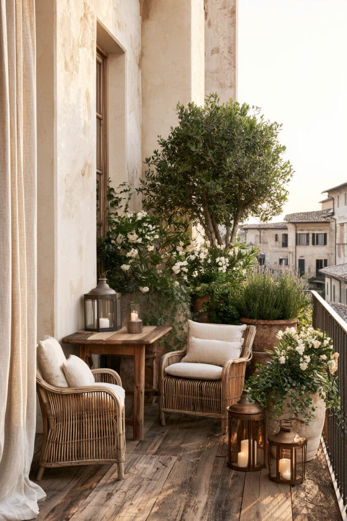 Cozy European balcony with wicker chairs, an olive tree, terracotta planters, linen curtains, rustic wood furniture, and Mediterranean-inspired decor overlooking a charming Italian village.