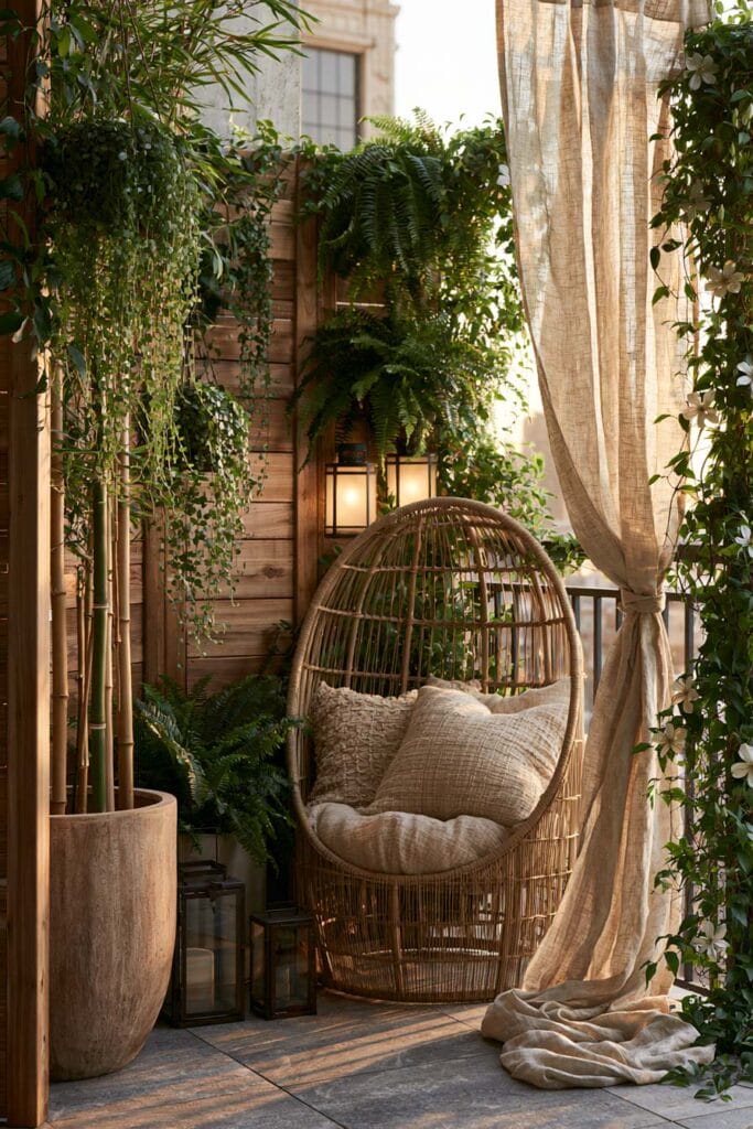 Hidden balcony garden with linen curtains, hanging vines, bamboo planters, lush ferns, lanterns, and a woven rattan lounge chair creating a cozy secret outdoor retreat.