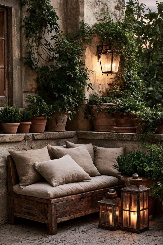 Cozy European balcony with rustic wooden bench, linen cushions, terracotta planters, climbing vines, and glowing lanterns in a hidden Italian-style courtyard.