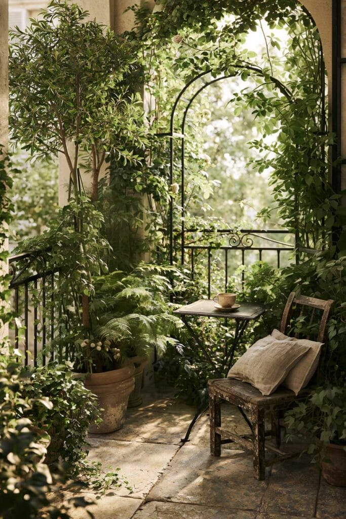 Hidden secret garden balcony with climbing vines, leafy archway, cozy café table, weathered wooden chair, and layered greenery creating a private European-inspired outdoor retreat.