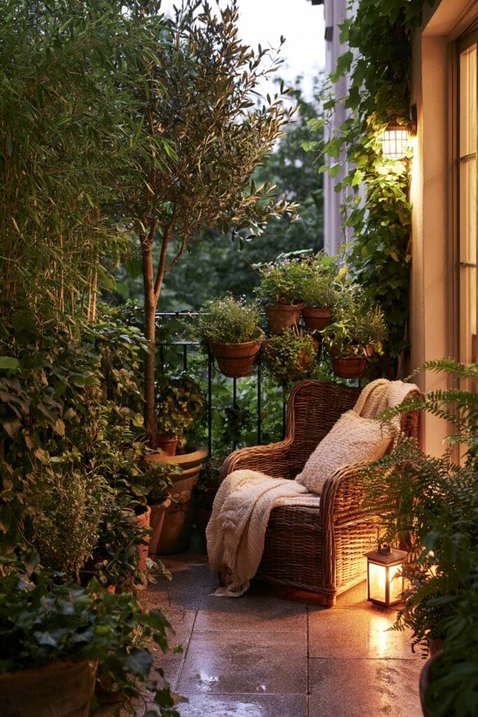 Secret garden balcony with wicker chair, lush greenery, climbing vines, terracotta planters, lantern lighting, and cozy European balcony decor.