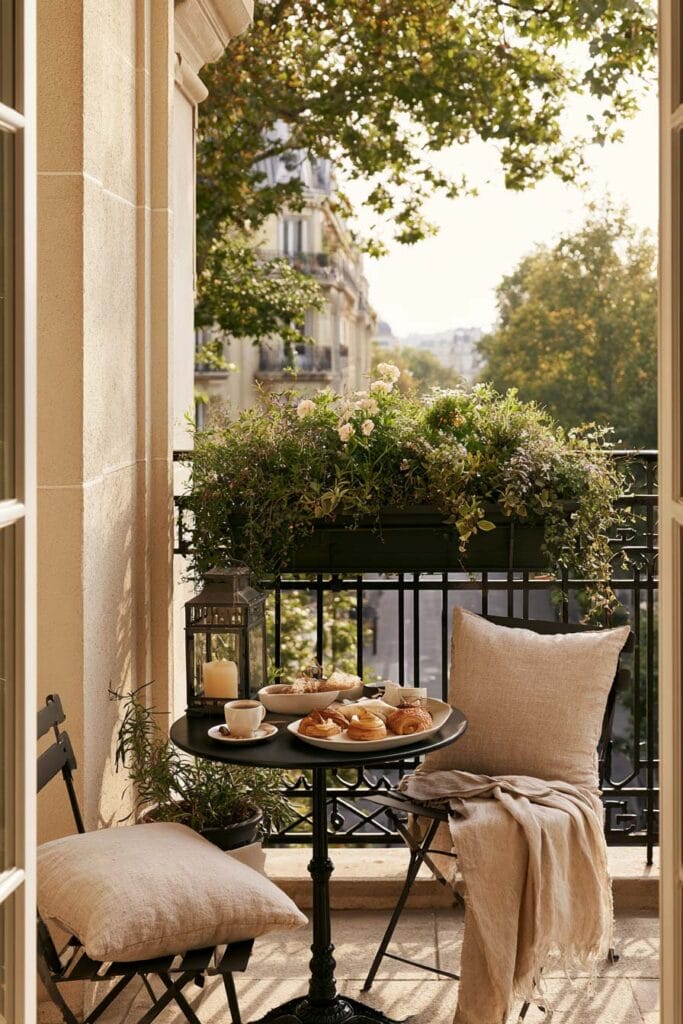 Beautiful European balcony with a black bistro table, breakfast pastries, flower boxes, linen cushions, vintage lantern, and charming Parisian-inspired outdoor café seating.