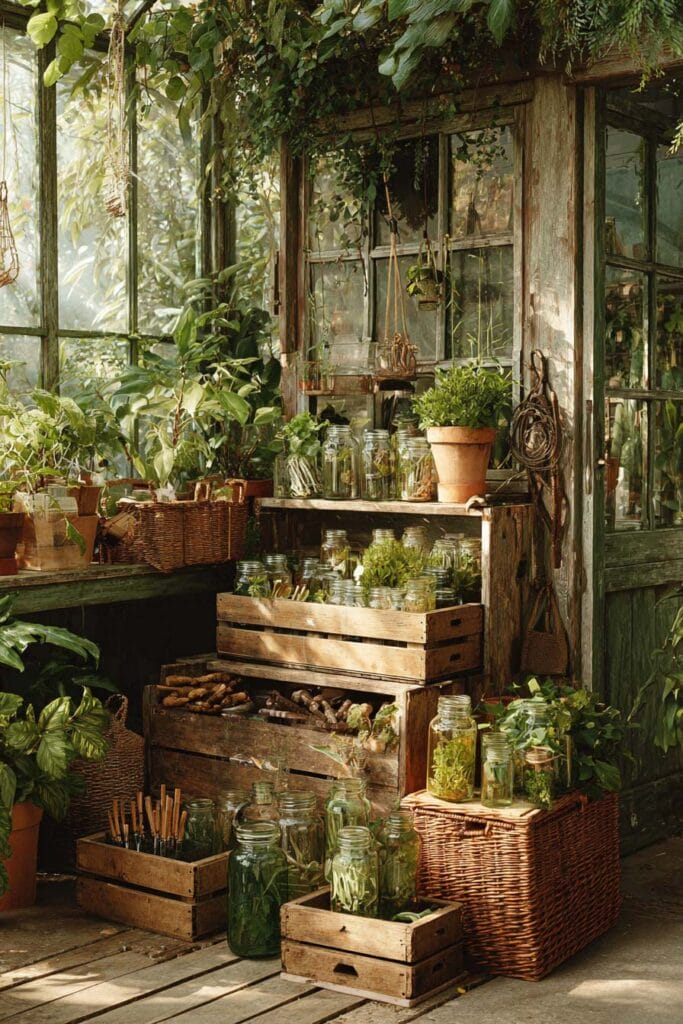 A cozy cottagecore balcony styled like an old greenhouse with vintage wooden crates, glass propagation jars, terracotta pots, lush houseplants, weathered wood, and climbing greenery creating a charming garden workspace.