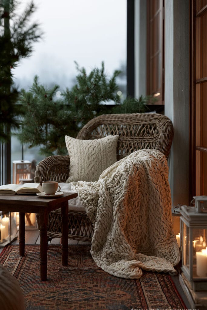 Small cottagecore apartment balcony with a wicker armchair, chunky knit throw blanket, warm lantern candles, rustic wood table, evergreen plants, and cozy neutral decor creating a year-round outdoor retreat.